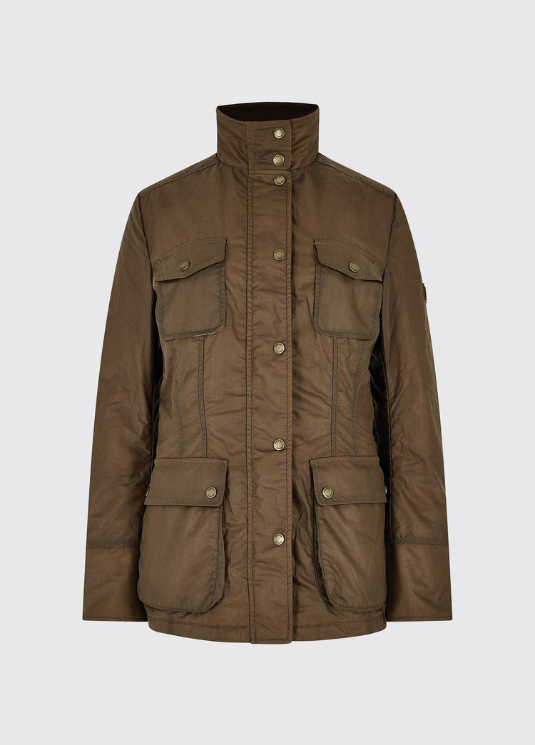 A ginger brown Dubarry Munsboro wax jacket, high collared jacket with golden buttons